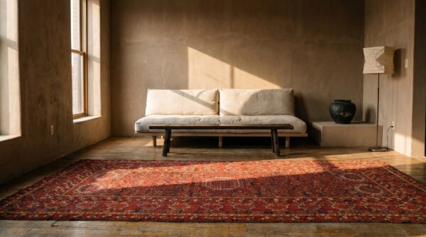 Tribal long and narrow antique central asian late 19th century red ersari beshir rug 8 Tribal long and narrow antique central asian late 19th century red ersari beshir rug (sku 18398) - room view