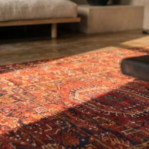 Tribal Long and Narrow Antique Central Asian Late 19th Century Red Ersari Beshir Rug (SKU 18398) - in-room detail