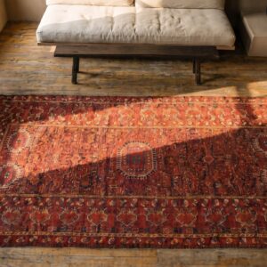 Tribal Long and Narrow Antique Central Asian Late 19th Century Red Ersari Beshir Rug (SKU 18398) - styled overhead view