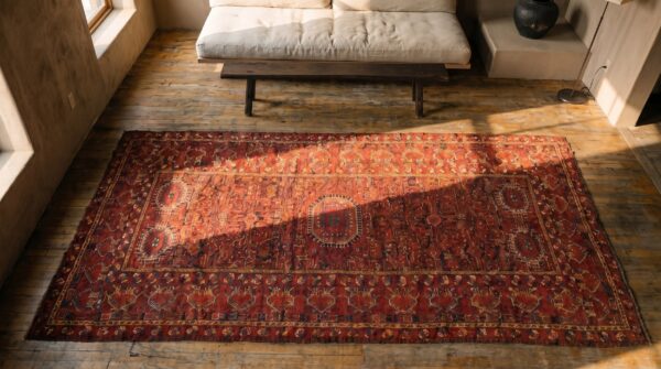 Tribal long and narrow antique central asian late 19th century red ersari beshir rug 2 Tribal long and narrow antique central asian late 19th century red ersari beshir rug (sku 18398) - styled overhead view