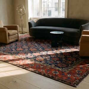 Antique Tribal Mina Khani Design NW Persian Room Size Navy Blue Rug (SKU 24031) - styled overhead view