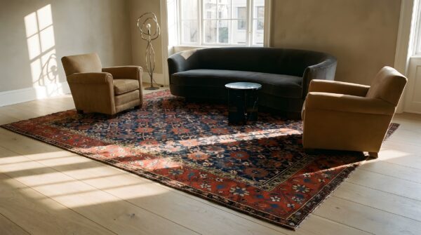 Antique tribal mina khani design nw persian room size navy blue rug 2 Antique tribal mina khani design nw persian room size navy blue rug (sku 24031) - styled overhead view
