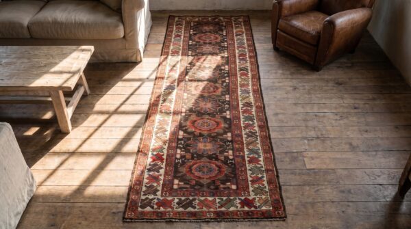 Antique tribal mina khani northwest persian hallway runner rug 2 Antique tribal mina khani northwest persian hallway runner rug (sku 19518) - styled overhead view
