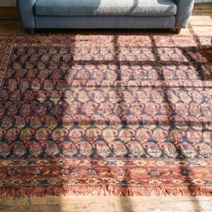 Antique Tribal Paisley Pattern Blue Persian Afshar Wool Rug (SKU 18330) - styled overhead view
