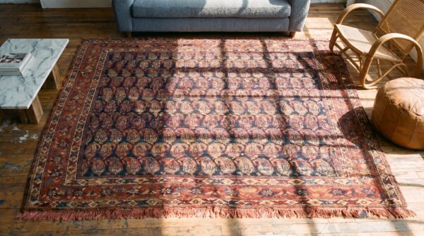 Antique tribal paisley pattern blue persian afshar wool rug 2 Antique tribal paisley pattern blue persian afshar wool rug (sku 18330) - styled overhead view