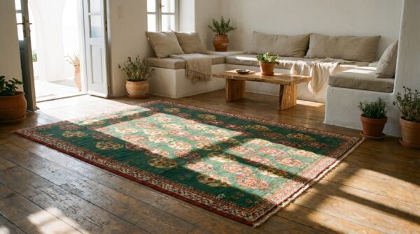 Tribal paisley pattern antique green color indian agra rug 11 Tribal paisley pattern antique green color indian agra rug (sku 19805) - room view