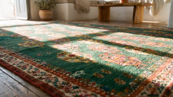 Tribal paisley pattern antique green color indian agra rug 12 Tribal paisley pattern antique green color indian agra rug (sku 19805) - in-room detail