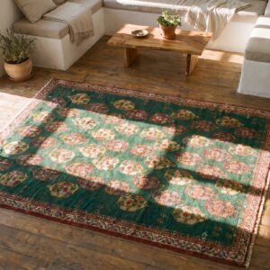 Tribal Paisley Pattern Antique Green Color Indian Agra Rug (SKU 19805) - styled overhead view