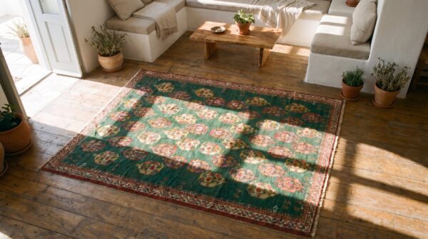 Tribal paisley pattern antique green color indian agra rug 2 Tribal paisley pattern antique green color indian agra rug (sku 19805) - styled overhead view