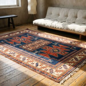 Antique Tribal Primitive Design Hand Knotted Wool Pile Blue Caucasian Rug (SKU 19576) - room view