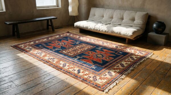Antique tribal primitive design hand knotted wool pile blue caucasian rug 3 Antique tribal primitive design hand knotted wool pile blue caucasian rug (sku 19576) - room view