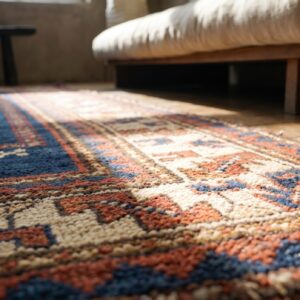 Antique Tribal Primitive Design Hand Knotted Wool Pile Blue Caucasian Rug (SKU 19576) - in-room detail
