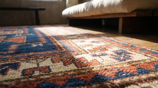 Antique tribal primitive design hand knotted wool pile blue caucasian rug 4 Antique tribal primitive design hand knotted wool pile blue caucasian rug (sku 19576) - in-room detail