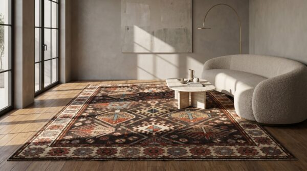 Tribal primitive late 19th century antique brown caucasian kazak rug 7 Tribal primitive late 19th century antique brown caucasian kazak rug (sku 18321) - room view