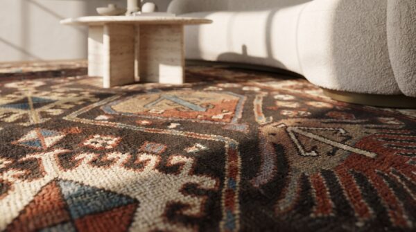 Tribal primitive late 19th century antique brown caucasian kazak rug 8 Tribal primitive late 19th century antique brown caucasian kazak rug (sku 18321) - in-room detail