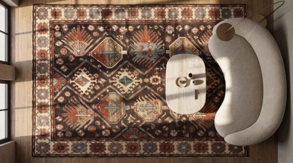 Tribal primitive late 19th century antique brown caucasian kazak rug 2 Tribal primitive late 19th century antique brown caucasian kazak rug (sku 18321) - styled overhead view