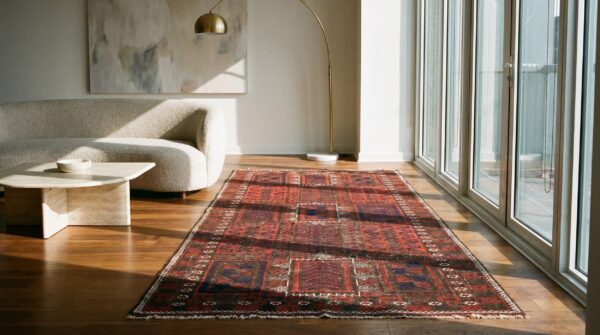 Tribal primitive antique persian coral baluch small scatter size rug 5 Tribal primitive antique persian coral baluch small scatter size rug (sku 18199) - room view