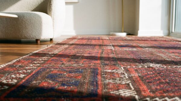 Tribal primitive antique persian coral baluch small scatter size rug 6 Tribal primitive antique persian coral baluch small scatter size rug (sku 18199) - in-room detail