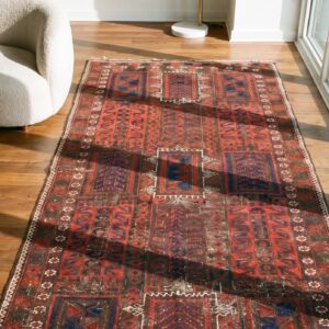 Tribal Primitive Antique Persian Coral Baluch Small Scatter Size Rug (SKU 18199) - styled overhead view