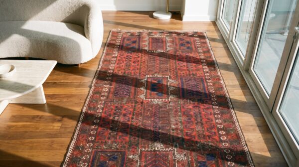 Tribal primitive antique persian coral baluch small scatter size rug 2 Tribal primitive antique persian coral baluch small scatter size rug (sku 18199) - styled overhead view