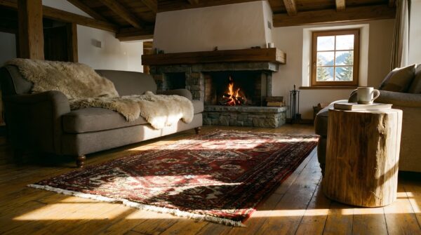 Tribal antique red persian karajeh small scatter size wool rug (sku 23577) - room view
