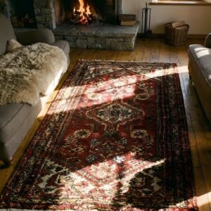 Tribal Antique Red Persian Karajeh Small Scatter Size Wool Rug (SKU 23577) - styled overhead view