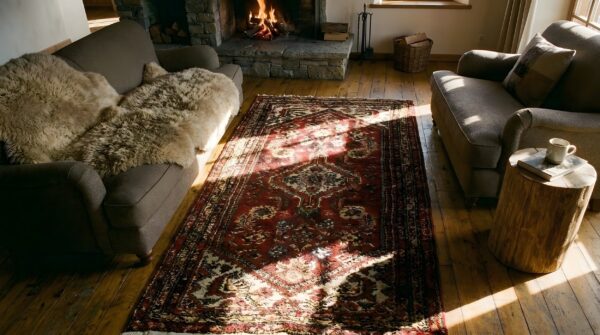 Tribal antique red persian karajeh small scatter size wool rug (sku 23577) - styled overhead view