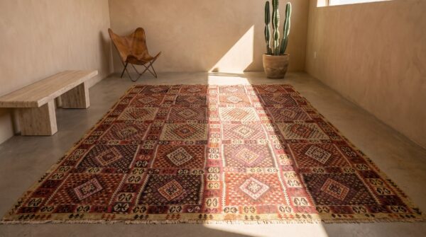 Tribal room size flatwoven antique geometric turkish kilim rug (sku 22107) - room view