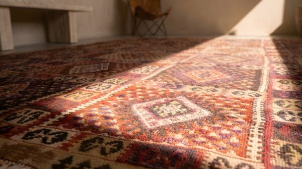 Tribal room size flatwoven antique geometric turkish kilim rug (sku 22107) - in-room detail