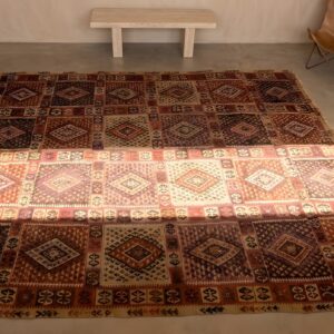 Tribal Room Size Flatwoven Antique Geometric Turkish Kilim Rug (SKU 22107) - styled overhead view