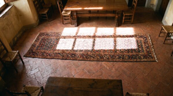 Antique tribal shrub design persian bidjar hallway runner wool rug 2 Antique tribal shrub design persian bidjar hallway runner wool rug (sku 20454) - styled overhead view