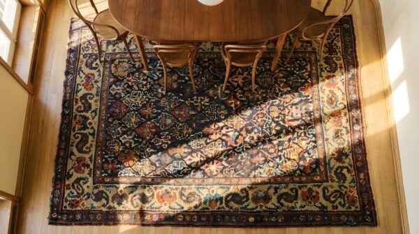 Antique tribal small square nw persian kurdish scatter rug 2 Antique tribal small square nw persian kurdish scatter rug (sku 23863) - styled overhead view