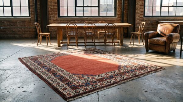 Antique tribal square kazak rug - red solid open field 5 Antique tribal square kazak rug - red solid open field (sku 18017) - room view