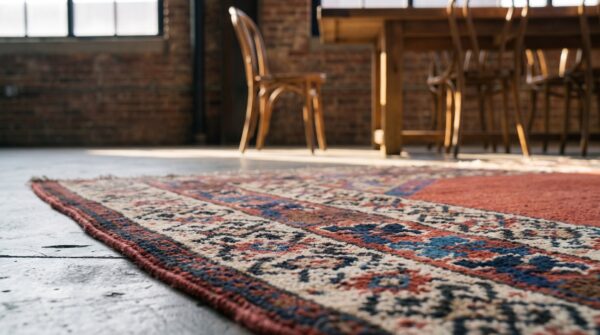 Antique tribal square kazak rug - red solid open field 6 Antique tribal square kazak rug - red solid open field (sku 18017) - in-room detail