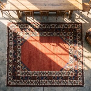 Antique Tribal Square Kazak Rug - Red Solid Open Field (SKU 18017) - styled overhead view