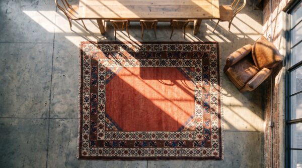 Antique tribal square kazak rug - red solid open field 2 Antique tribal square kazak rug - red solid open field (sku 18017) - styled overhead view