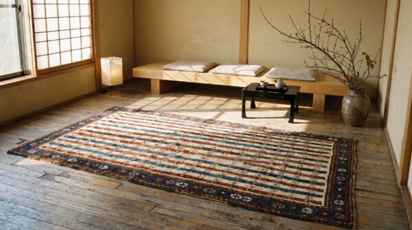 Tribal stripped antique ivory caucasian late 19th century rug (sku 19119) - room view