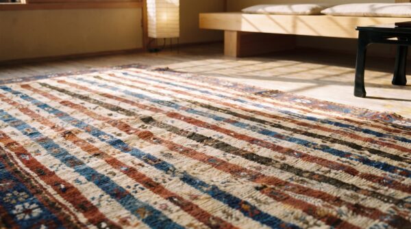 Tribal stripped antique ivory caucasian late 19th century rug (sku 19119) - in-room detail