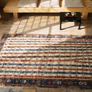 Tribal Stripped Antique Ivory Caucasian Late 19th Century Rug (SKU 19119) - styled overhead view