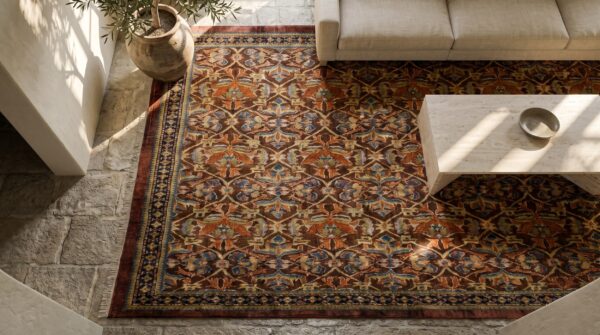 True warm brown color antique tribal floral pattern persian ziegler sultanabad rug 2 True warm brown color antique tribal floral pattern persian ziegler sultanabad rug (sku 18088) - styled overhead view