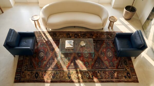 Antique turkish knotted coral hallway runner rug 2 Antique turkish knotted coral hallway runner rug (sku 25707) - styled overhead view