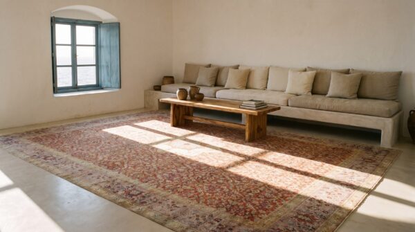 Antique turkish hereke carpet 20'×25' rust field, lavender border, monumental square format, circa 1920 15 Antique turkish hereke carpet 20'×25' rust field, lavender border, monumental square format, circa 1920 (sku 20224) - room view