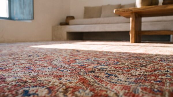 Antique turkish hereke carpet 20'×25' rust field, lavender border, monumental square format, circa 1920 16 Antique turkish hereke carpet 20'×25' rust field, lavender border, monumental square format, circa 1920 (sku 20224) - in-room detail