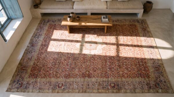 Antique turkish hereke carpet 20'×25' rust field, lavender border, monumental square format, circa 1920 2 Antique turkish hereke carpet 20'×25' rust field, lavender border, monumental square format, circa 1920 (sku 20224) - styled overhead view