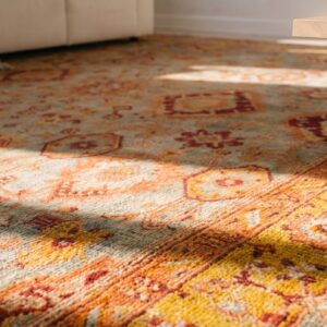 Antique Turkish Oushak Rug 11'×13' Sky Blue & Gold, Tribal Design, Circa 1890 (SKU 18464) - in-room detail