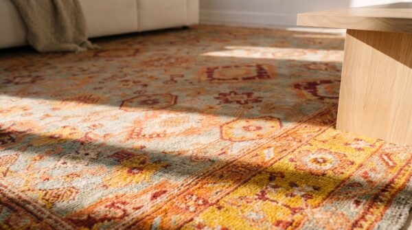 Antique turkish oushak rug 11'×13' sky blue & gold, tribal design, circa 1890 8 Antique turkish oushak rug 11'×13' sky blue & gold, tribal design, circa 1890 (sku 18464) - in-room detail