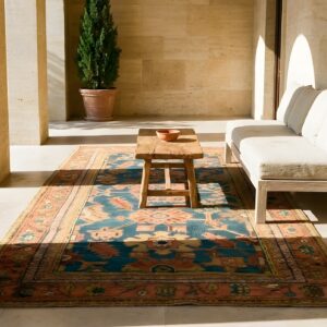 Antique Turkish Oushak Rug 3'×7' Teal Blue, Pumpkin Border, Circa 1900 (SKU 18955) - room view
