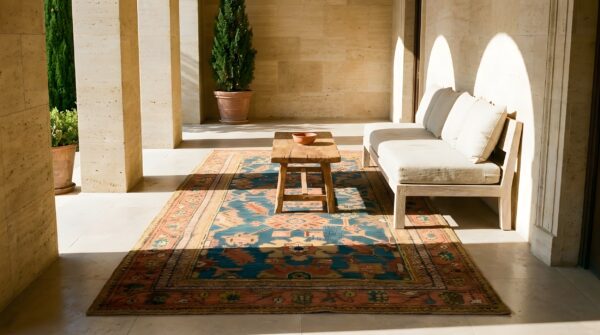 Antique turkish oushak rug 3'×7' teal blue, pumpkin border, circa 1900 (sku 18955) - room view
