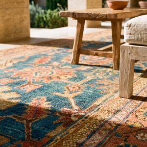 Antique Turkish Oushak Rug 3'×7' Teal Blue, Pumpkin Border, Circa 1900 (SKU 18955) - in-room detail