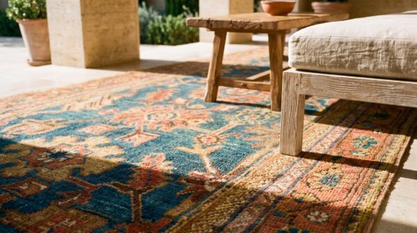 Antique turkish oushak rug 3'×7' teal blue, pumpkin border, circa 1900 (sku 18955) - in-room detail